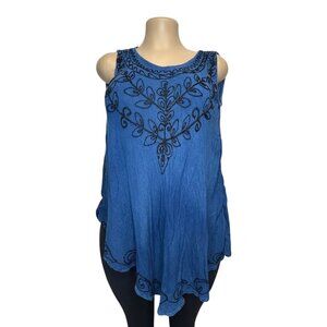 DG-101 Emily Stacy Women's Small Blue Embroidered Sleeveless Tunic Top